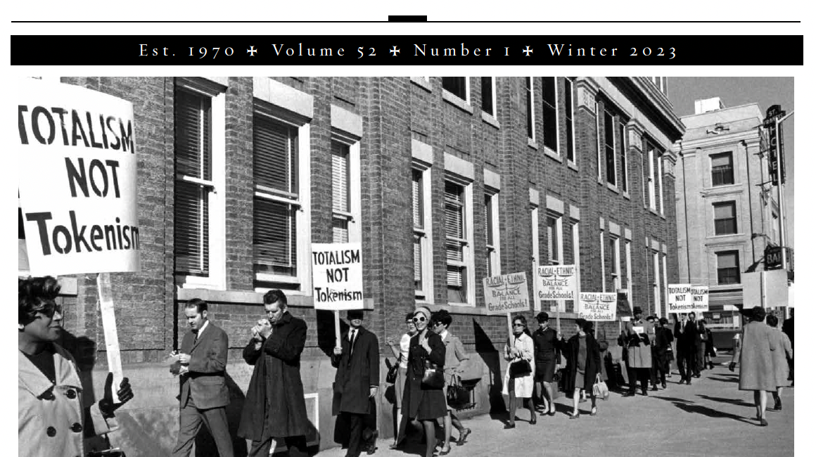 A screengrab of the cover image of the Historic Denver News newspaper. The paper features the name and then a large black and white historic image of protestors carrying signs that say "Totalism Not Tokenism" and "Racial + Ethnic Balance in Grade Schools" as they march in front of the former Denver Pubic Schools administration building in January 1969. A headline underneath reads "50 Years After Keyes, a Once-Segregated Denver School Fights to Stay Integrated"
